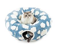 Cat Tunnel Bed with Central Washable Cushion, Indoor Cat Tunnel Tube Toys 3 Shape to Play, Blue Sky and White Clouds Theme, Round Plush Cat Toy Tunnel Bed for Kitten, Cat, Puppy, Rabbit (Blue)