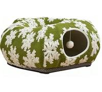 Cat Tunnel Bed with Hanging Ball Toy, Green and White Floral Pattern, Donut Shape Pet House with Non-Slip Base