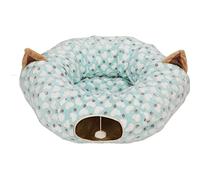 Cat Tunnel Bed with Mat Heart Pattern Round Collapsible 3 Way Cat Tube Bed Play Ball for Cats Kittens Small Dogs Fleece Fabric Blue 33.9x29.5in