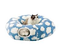 Cat Tunnel Bed With Peekaboo Cave & Plush Bed, Cat Cave Warm Sleeping Pad With Ball, Removable Cushion, Peek Holes & Sturdy Metal Frame | Foldable Interactive Pet Tunnel Beds 86x26cm