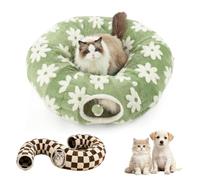 Cat Tunnel Bed with Washable Cushion - Soft Plush Donut Cave Tube for Indoor Cats, Peekaboo Hideaway with Play Ball, Cosy Nest for Kitten Puppy Rabbit, Foldable Pet Bed，Green