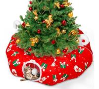 Cat Tunnel Christmas Tree Skirt, Diameter 3 Ft Round Cat Tunnel Donut with Plush Toy Ball, Under Tree Circle Bed for Small Animals Indoor, Red Xams Festive Decorations