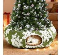 Cat Tunnel with Cat Bed for Indoor Cats - Christmas Tree Skirt for 5-7.5ft Trees with Snowflake Design & Washable Anti-Slip Mat, Soft Plush Donut Tunnel Bed for Cats, Kittens & Small Pets.(Green)