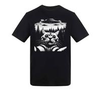 Cat UFO Abduction Funny Alien Spaceship Forest Scene Design - 100% Cotton Short Sleeve Adult Unisex T-Shirt Black