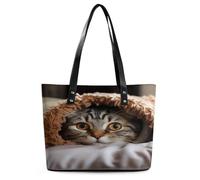Cat Under Blanket Tote Bag Large Soft Leather Purse with Zipper Lightweight Ladies Shoulder Handbag