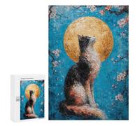 Cat Under Golden Moon And Blossoms Puzzle for Adults, 300 PCS, Illustrated Jigsaw Edition, An Engaging Indoor Activity for Quiet Evenings, at Home