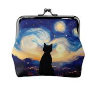 Cat Under Starry Skies Coin Purse, Kiss-lock Change Purse Wallets, Small PU Leather Coin Purse for Women