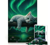 Cat Under The Northern Lights for Adults 1000 Piece Puzzle Mind Wellness Leisure Pleasure Sharp Edges Unique Xmas Gift size 38x26cm