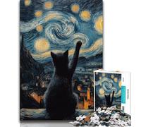 Cat Under The Stars Jigsaw Puzzles for Adults Teenagers Jigsaws Puzzle,Staycation Kill Time with Fully Interlocking Randomly Shaped Pieces 38x26cm