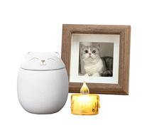 Cat Urn for Ashes, Ceramic Cat Ashes Urn with Photo Frame and Candle-White, S