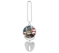 Cat USA Flag Car Hanging Pendant, Zinc Alloy Rearview Mirror Charms - Relieve Visual Fatigue, Vintage Keychain Pendant, Lucky Car Interior Hanging Decoration, Silver-Style