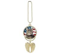 Cat USA Flag Car Hanging Pendant, Zinc Alloy Rearview Mirror Charms - Relieve Visual Fatigue, Vintage Keychain Pendant, Lucky Car Interior Hanging Decoration, Golden-Style