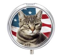 Cat USA Flag Pill Box 3 Compartment Travel Pill Organizer 3 Times A Day Cute Mini Pill Case for Purse & Pocket Portable Metal Medicine Box with Mirror Round Daily Medicine Vitamin Container