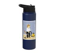 Cat Vacuuming Whimsical Folk Art Retro Illustration Stainless Steel Insulated Water Bottle