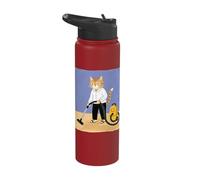 Cat Vacuuming Whimsical Folk Art Retro Illustration Stainless Steel Insulated Water Bottle