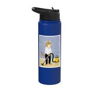 Cat Vacuuming Whimsical Folk Art Retro Illustration Stainless Steel Insulated Water Bottle