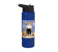 Cat Vacuuming Whimsical Folk Art Retro Illustration Stainless Steel Insulated Water Bottle