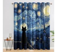 Cat Van Goghs Curtains 66x72 Inch 2 Panels, 95% Blackout, Starry Sky Kitten Curtains for Bedroom, Living Room, Home Decor, Thermal Insulated Eyelet Window Drapes QCN7