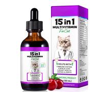 Cat Vitamins, 15 in 1 Cat Multivitamin Liquid Drops, Cats Vitamins and Supplements with Glucosamine and Probiotics, Bones, Joint, Skin & Coa