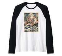 Cat vs T-Rex Japanese Ukiyo-e Kaiju Monster Art Raglan Baseball Tee