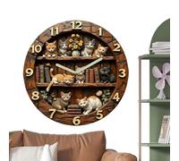 Cat Wall Clock | Round 8 Inch Decorative Wooden Animal Decor | Vintage Bookshelf Cat Wall Clock,for Bedroom, Living Room, Classroom, Dorm, RV, Garage, Gym, School, Nursery, Entryway, Hallway