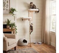 Cat Wall Shelves, 2 Beds with 4.92 ft Cat Scratching Post Rope, Tree Shape Cat Wall Furniture Set, Kitten Floating Shelf with Soft Cushion Perch, Solid Wood Cat Perch for Climb, Play, Nap