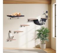 Cat Wall Shelves, Solid Wood Cat Wall Furniture Set, with Cats Bed, Hammock, Felt Ladder, Sisal Scratching Post & Ball (Dark Color)