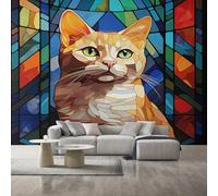 Cat Wallpaper for Living Room, Stained Glass Kitten Wall Mural for Bedroom, Non-Woven Photo Wallpaper Home Decor 250X175cm, Wall Decoration D19