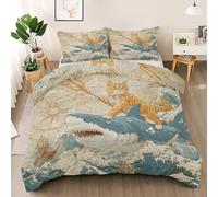 Cat Warrior Shark Ultra Soft Duvet Cover Double Size, Compass Sailing Bedding Set, Durable & Breathable Ukiyo-E Comforter Cover Set, Ocean Waves All Season Comfort Quilt Bedding Cover