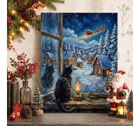 Cat Watching Santa Sleigh Winter Scene Black Canvas Wall Art 16x20