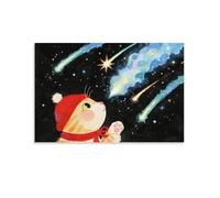 Cat Watching Stars Poster - Cute Kitty in Red Hat Canvas Wall Art Dreamy Night Sky Artwork for Living Room Bedroom Cat Lovers Gift Printed Canva Gift 16x24inch(40x60cm) Unframed