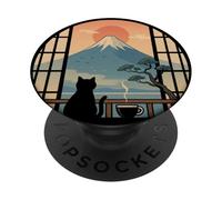 Cat Watching Sunrise Over Mount Fuji, Peaceful Japan PopSockets Adhesive PopGrip