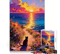Cat Watching Sunset by The Sea Jigsaw Puzzles 1000 Pieces for Adults Cognitive Skill Time Well Spent Exact Cut Memorable Gift size 38x26cm