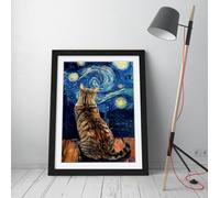 Cat watching van gogh starry night Stunning Framed Wall Art Print Picture - A3 - Black Frame