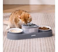 Cat Water Fountain and 1 Ceramic Food Bowl - 2 in 1 Ultra Quiet Automatic Pet Food and Water Bowl Set for Kitty, Gray (No Adapter)