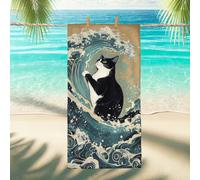 Cat Wave Microfiber Beach Towel Black White Cat Cute Style Quick Dry Absorbent Sand Free Lightweight Beach Blanket Pool Gym Outdoor Travel Essentials 70x35 Inch