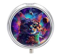 Cat Wearing Glasses Pill Box - 3 Compartment Travel Pill Organizer with Small Mirror, Portable Pillcase for Pocket & Purse, Cute Round Medicine Case, Weekly Medicine Container