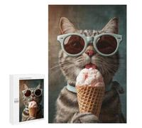Cat Wearing Sunglasses Eating Ice Cream Jigsaw Puzzle, 1000 PCS, Indoor Activity for The Home, A Mindful Leisure Activity for Puzzle Lovers, at Home