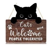 Cat Welcome Sign,Black Cat Welcome Wood Plaque for Home Decor,Funny Quote “Cats Welcome, People Tolerated” Door Hanging Decor,Pet Cats Lover Gifts for Outdoor Kitty Kitten Wall Art Pedimen