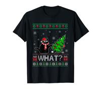 Cat What Funny Black Cat Pushing Christmas Tree Ugly Xmas T-Shirt