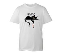 Cat What Halloween T-Shirt, Horror Black Cat Trick Or Treat Spooky Unisex Kids Adults Top (White, L)
