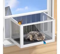Cat Window Box Catio, Outdoor Indoor Cat Enclosure with Clear Panels, Mesh Sides & PVC Curtain, Universal Window Perch for Windows 25"-43", Window Catio for Sunbathing, Napping & Overlooking,Grey