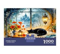 Cat Window Castle 1000 Piece Puzzle for Adults Cozy Fairytale Nook Classic Jigsaw Puzzle Recycled Cardboard Family Lovers Holiday Activity Indoor Leisure Cognitive Development 70x50cm