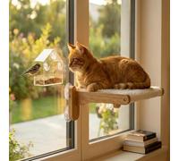 Cat Window Perch, Foldable Cat Hammock Bed with Bird Feeder, Wood Cats Bed with 4 Suction Cups, Plush Faux Rabbit Fur Cover, Pet Window Seat for Large Cats