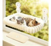 Cat Window Perch Foldable with Two Covers 60x30cm Large, Cat Window Bed Hammock Cordless Indoor with Soft Plush Cushio Machine Washable, Holds Up to 18kg, Beige
