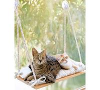 Cat Window Perch for Large Cats - Hammock Bed for Heavy Indoor Cats - Solid Wood Seat, 5 Strong Suction Cups, Soft Cushion - Rustic Shelf for Pets Inside