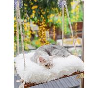 Cat Window Perch - Hammock Bed for Cats Inside - Solid Wood Seat, 4 Strong Suction Cups, Faux Fur Cushion - Rustic Indoor Pet Shelf