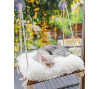 Cat Window Perch - Sturdy Cat Hammock with 4 Strong Suction Cups, Plush Faux Fur Cushion & Solid Wood Seat - Rustic Pet Bed for Indoor Cats
