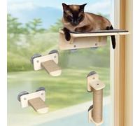 Cat Window Perch Set, 3-in-1 Set with Carpet Bed & Step & Scratcher, Cat Hammock with Suction Cup, Solid Wood Frame, Durable Large Suction Cups, Height Adjustable, Space-Saving (Drilling-Free)