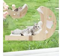 Cat Window Perch with Detachable Ladder-Wodden Cats Bed for Indoor with Double Side Velcro Cat-Mat, Moon CatWindow Seats Mounted with 7pcs Strong Suction Cups for Sleep and Rest